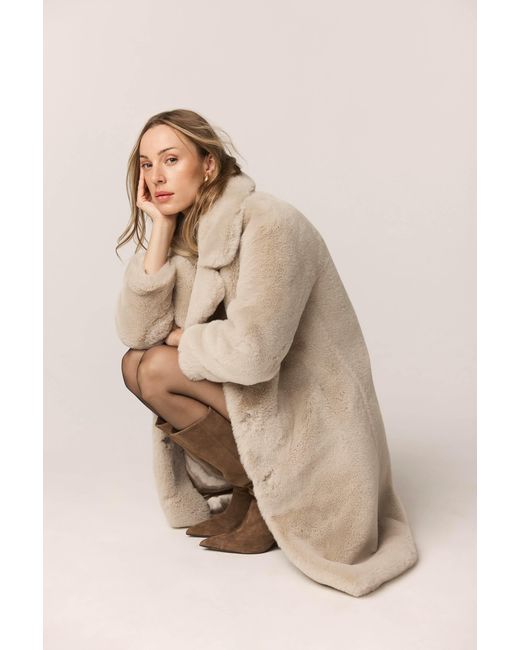 ISSY LONDON Gray Neutrals Greta Luxe Longline Faux Fur Coat Chalk
