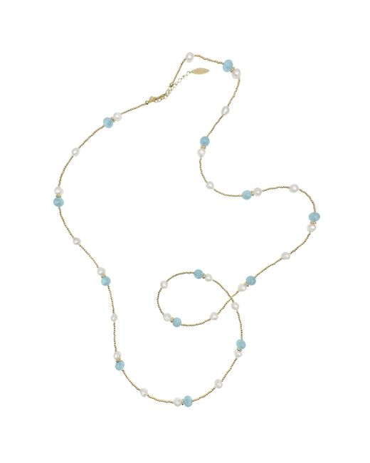 Farra Metallic Aquamarine And Freshwater Pearls Long Necklace