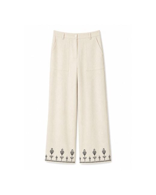 Yumi' Natural Neutrals Ivory Linen Mix Embroirdered Trousers