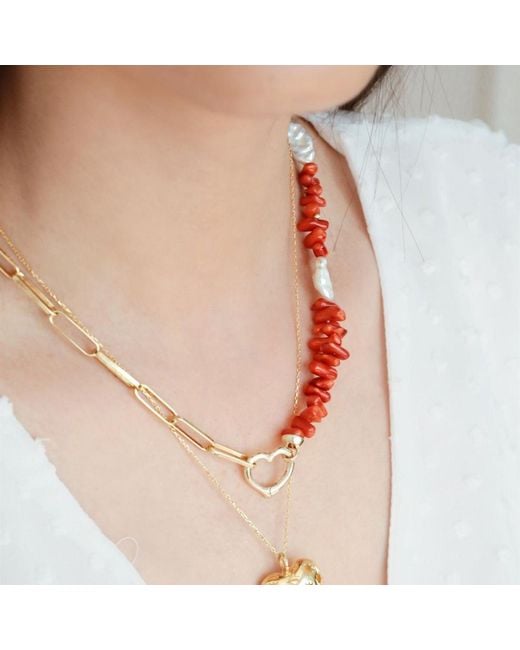 LINYA JEWELLERY Red Love Chain Coral Pearl Necklace