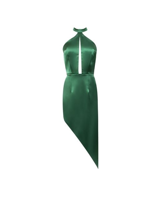 Nomi Fame Green Pamela Satin Halter Neck Dress With Asymmetric Skirt