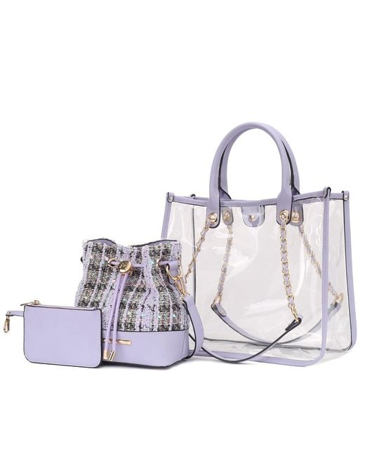 Mkf Collection - J'omor White Diva Pvc Tote Bag With Tweed Bucket Bag