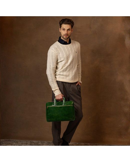 Time Resistance Green Leather Briefcase Laptop Bag for men
