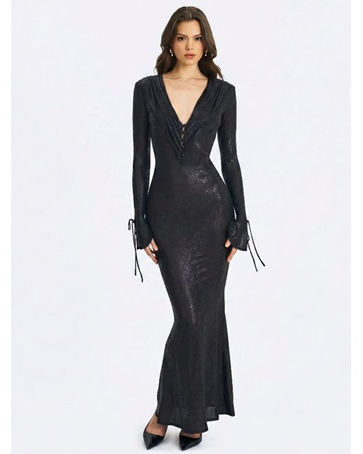 Miss Circle New York Black Ilysia V-Neck Plunge Snakeskin Mermaid Hem Maxi Dress