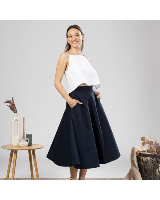 Nikka Place Blue Cotton Midi Flared Skirt With High Waist And Pockets