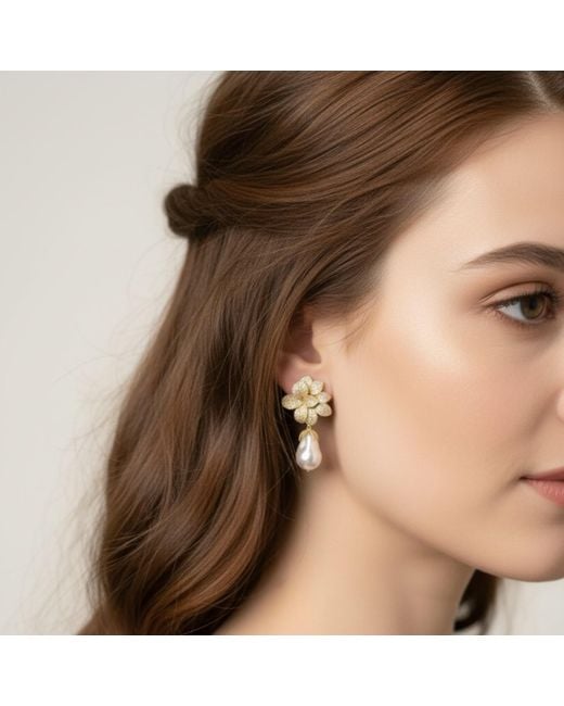 Latelita London Metallic Amaryllis Flower Baroque Pearl Drop Earrings