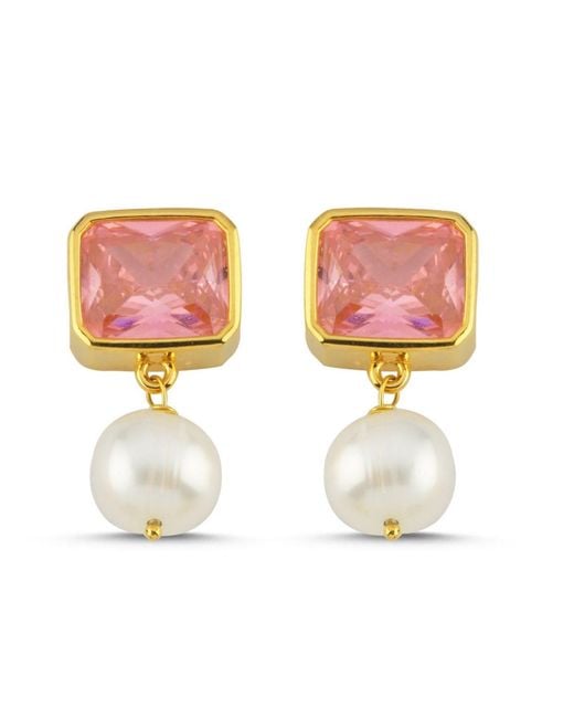 LINYA JEWELLERY Pink Small Pearl Crystal Stone Earring