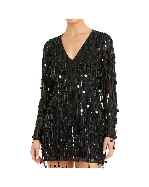Mac Duggal Black Long Sleeve Beaded Fringe V-Neck Mini Dress
