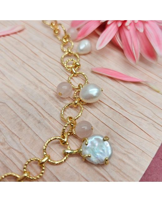 Farra Metallic Rose Quartz Flower Pendant With Pearls Chain Necklace