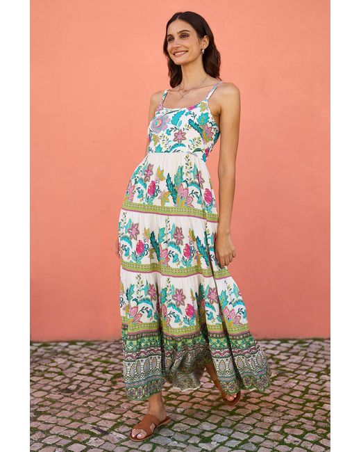 Yumi' Green Floral Block Print Tiered Maxi Sun Dress