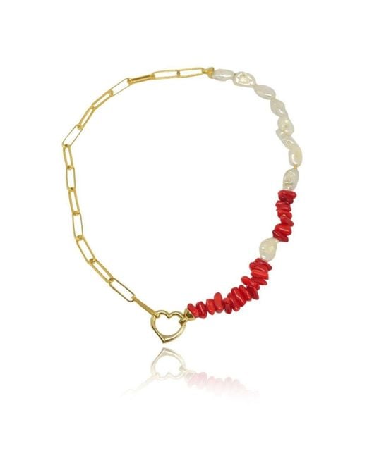 LINYA JEWELLERY Red Love Chain Coral Pearl Necklace