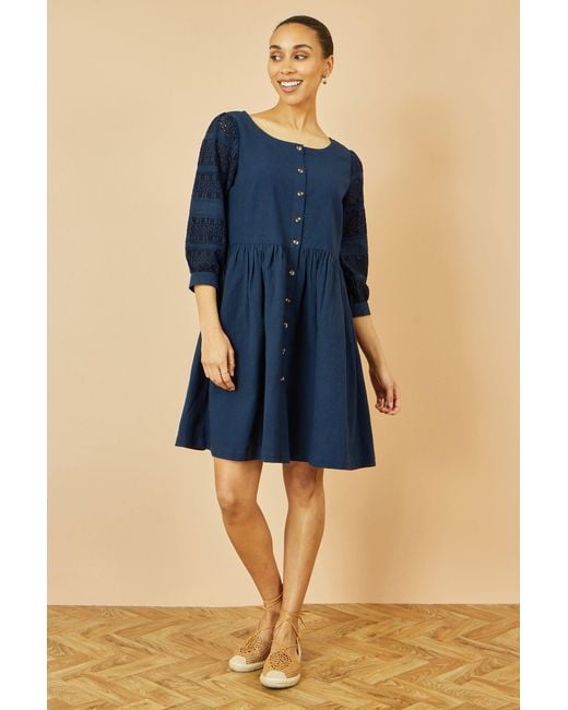 Yumi' Blue Cotton Tunic With Broderie Anglaise Puff Sleeves