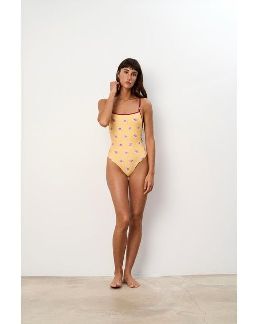Par Y Escala Sl Yellow Jamu Print Beaded Strap One-Piece Swimsuit