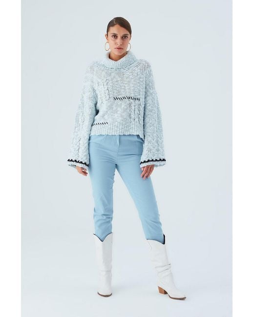 Peraluna Blue Ilda Pure Cotton Embroidered Cable Knit Pullover