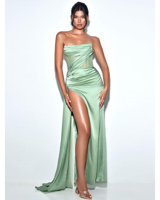 Miss Circle New York Green Holly Basil Crystallized Corset High Slit Satin Gown