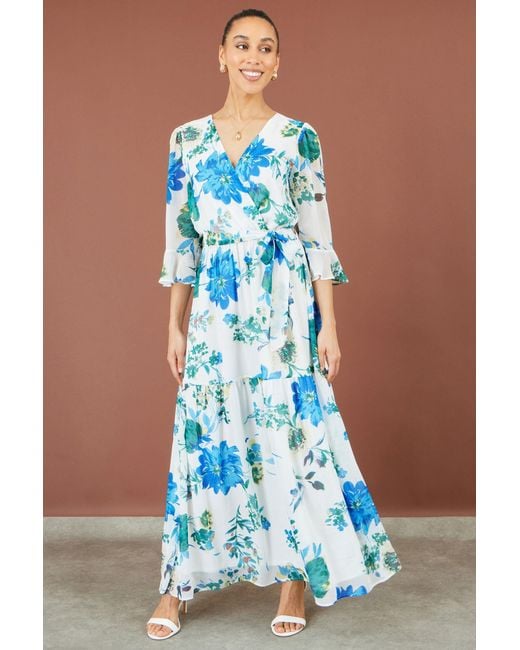 Yumi' Blue Floral Maxi Wrap Dress
