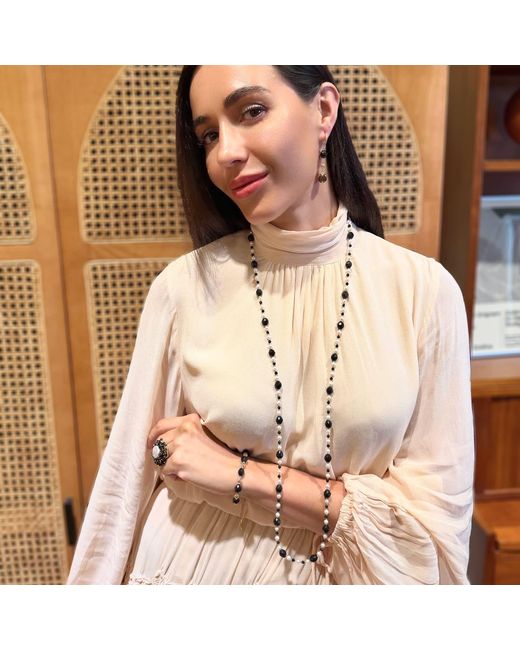 Farra Black Romantic Style Oval Obsidian With Freshwater Pearl Long Necklace
