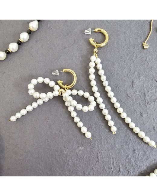 Farra White Freshwater Pearls Butterfly Knot And Tassel Asymmetric Earrings