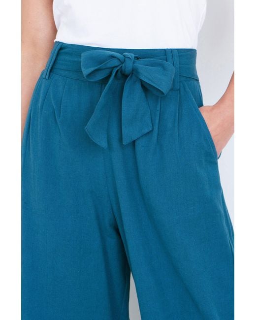Yumi' Blue Linen Mix Cropped Trousers With Tie Belt