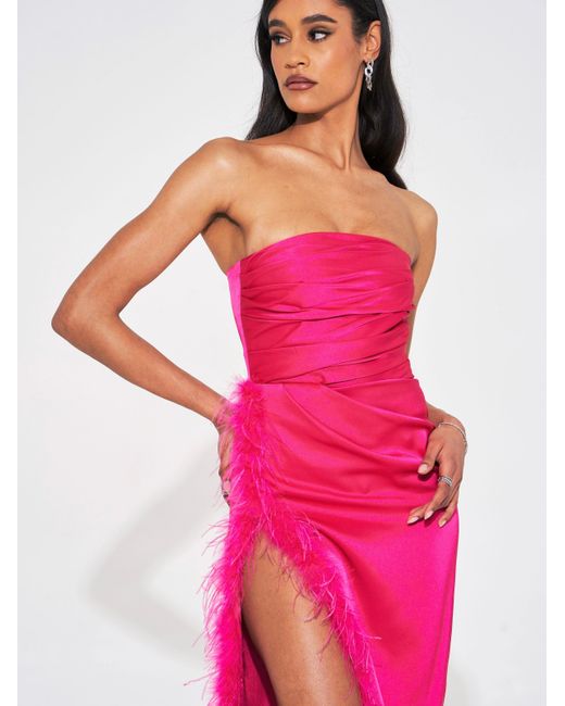 Miss Circle New York Pink Perrin Fuchsia Feather Dress High Slit Gown