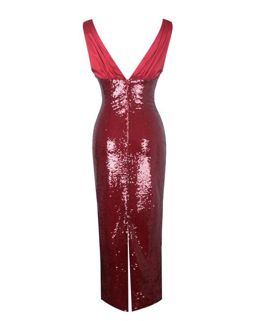 Miss Circle New York Red Shanelle Crimson Sequin Plunging Midi Dress