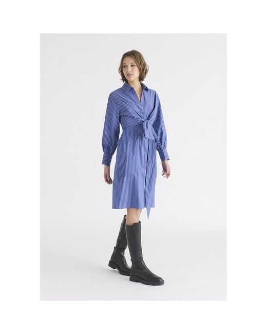 Paisie Blue Striped Shirt Dress With Waist Tie