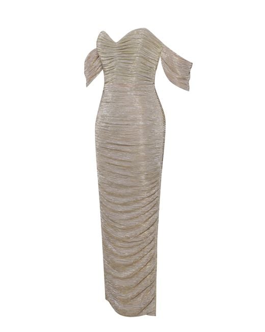 Miss Circle New York Metallic Gene Ruched Off Shoulder Chiffon Dress