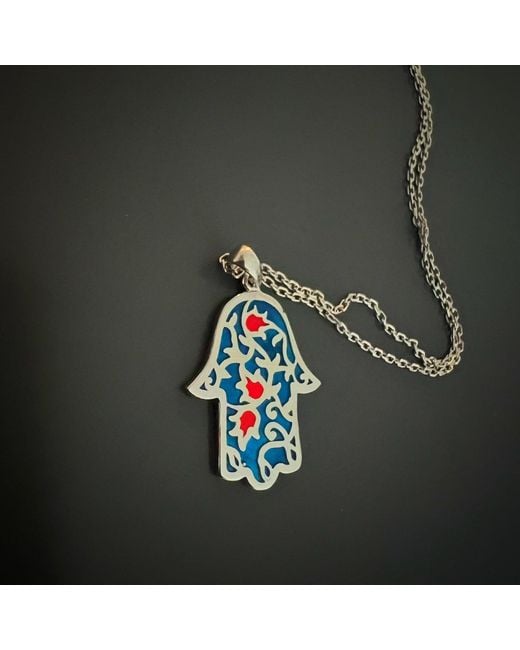 Ebru Jewelry Blue Sterling & Enamel Hamsa Hand Necklace