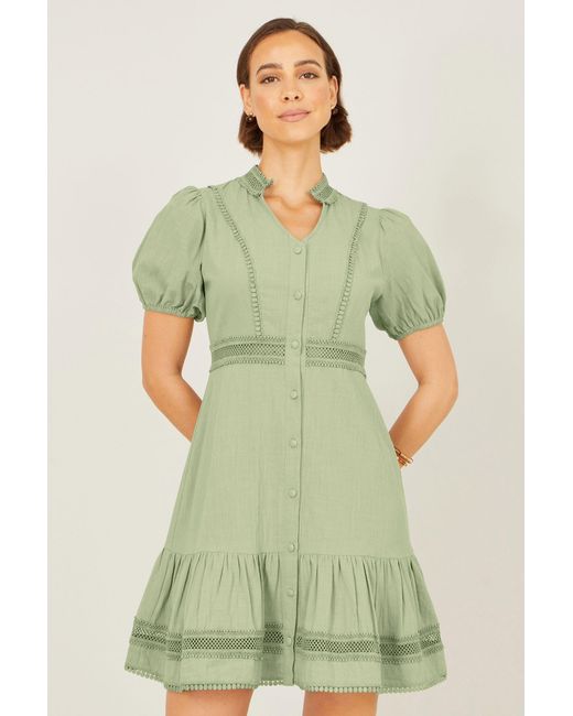 Yumi' Green Cotton Lace Trim Skater Shirt Dress