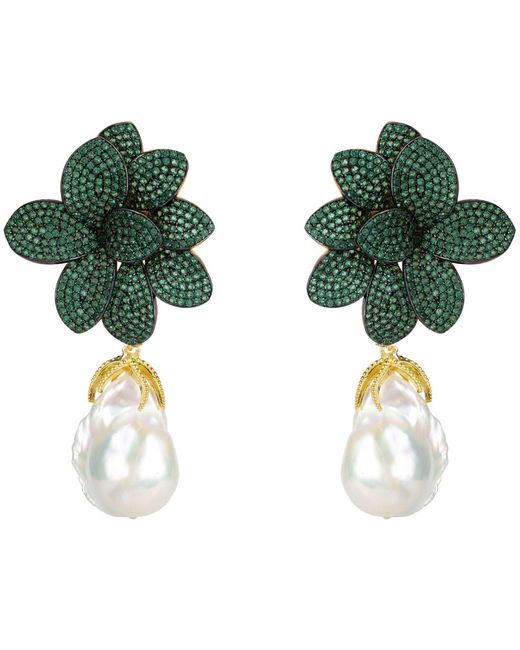 Latelita London Green Amaryllis Flower Baroque Pearl Drop Earrings