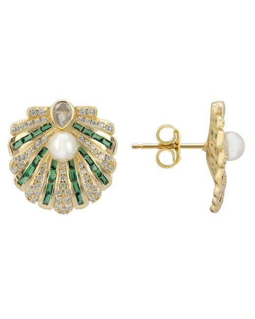 Latelita London Green Art Deco Scallop Shell Earrings Emerald With Pearl