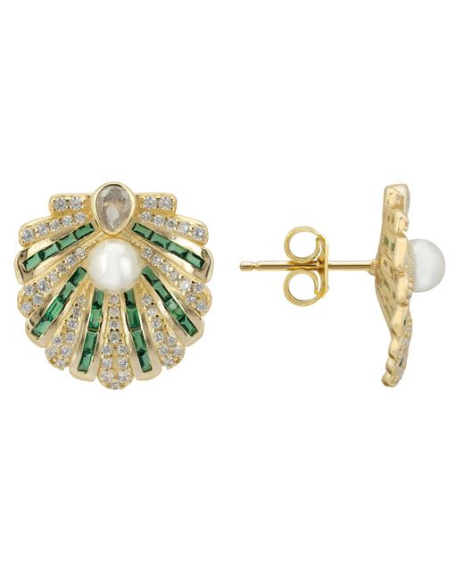 Latelita London Art Deco Scallop Shell Earrings Emerald Green With Pearl Gold