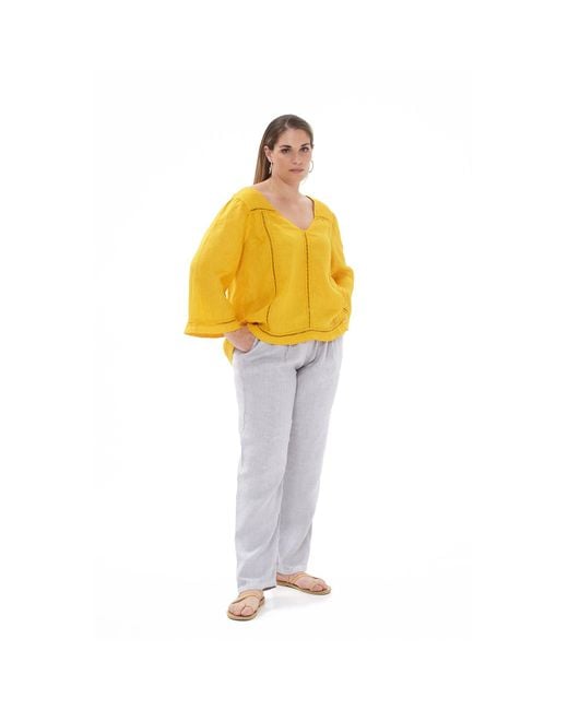 Haris Cotton Yellow Guipure Lace Insert Linen Blouse With V Neck