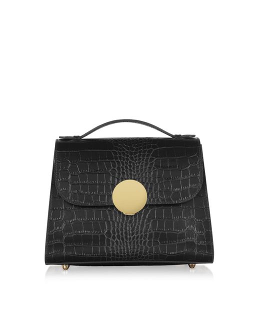Le Parmentier Black Bombo Croco Embossed Leather Top-Handle Satchel Bag W/Strap