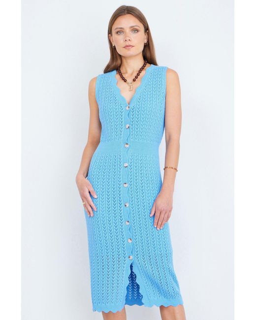 Yumi' Blue Scallop Edge Crochet Knitted Midi Dress