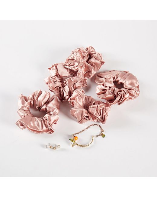 Soft Strokes Silk Pink Pure Mulberry Silk French Scrunchie Set Of Five