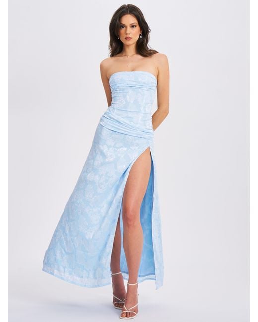 Miss Circle New York Blue Xatia Baby Jacquard Textured High Slit Maxi Dress