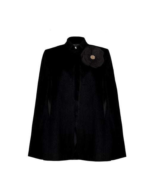 House of Laines London Black Laines Couture Wool Blend Cape With Embellished Corsage