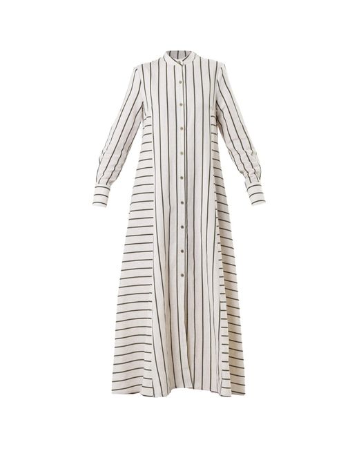 Metamorph White Striped Linen-Cotton Maxi Shirt Dress With Buttons- Khaki Stripes