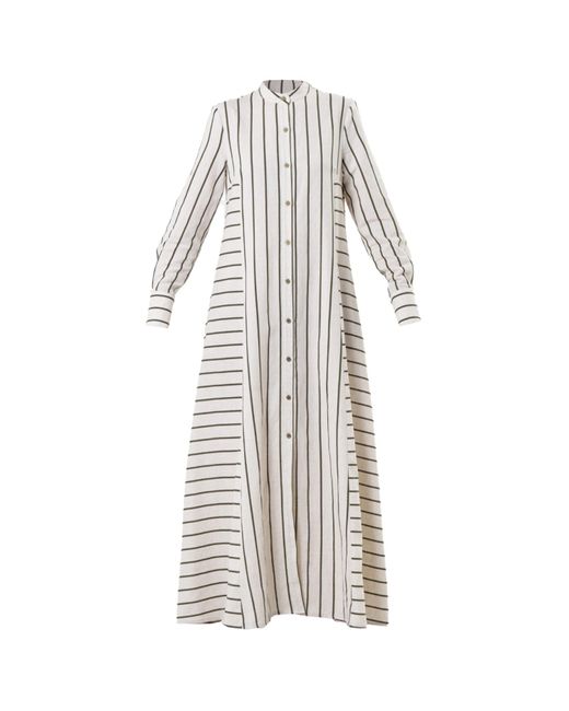 Metamorph White Striped Linen-Cotton Maxi Shirt Dress With Buttons- Khaki Stripes