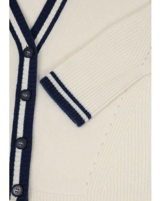 Loop Cashmere White Striped Tipped V Neck Lofty Cardigan