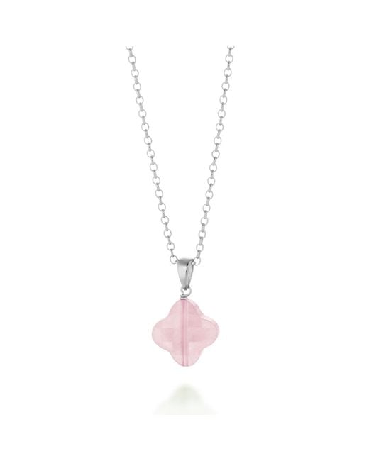 Nellou Jewellery Pink Rose Quartz Gem Clover Necklace Sterling