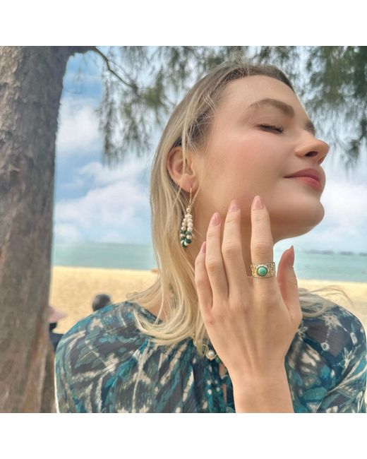 Farra Green Stone Platinum Plated Brass Adjustable Ring