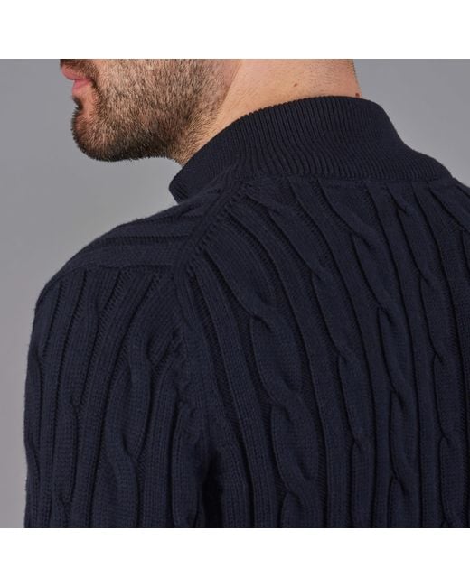 Paul James Knitwear Blue Midweight Romano Cotton Cable Zip Neck Jumper for men