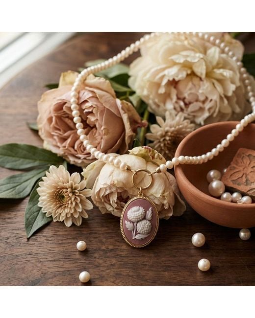 Vintouch Italy Metallic Pompon Flower Cameo Necklace