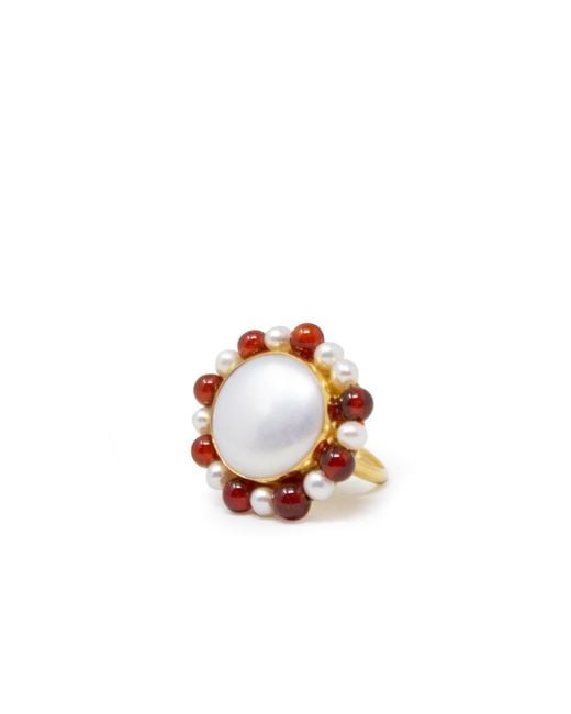 Vintouch Italy Multicolor Lotus Gold-plated Pearl And Carnelian Ring