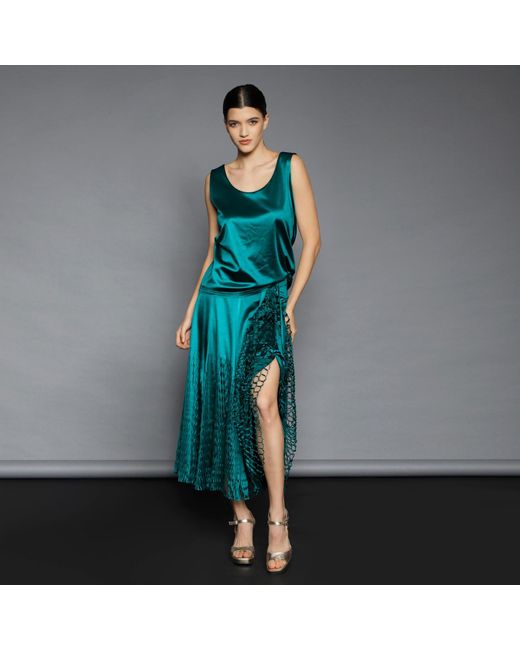 Silvia Serban Green Midi Laser Cut Paneled Skirt