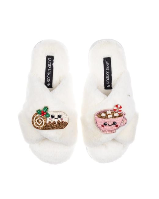 Laines London Pink Neutrals Classic Slippers With Christmas Laines Lovable Yule Log & Hot Chocolate Brooches