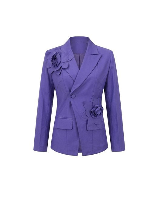 Modenaire Purple Structured Blazer Tailored Fit Floral Appliqué