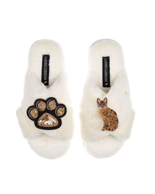 Laines London Metallic Neutrals Classic Laines Slippers With Paw & Bengal Cat Brooches